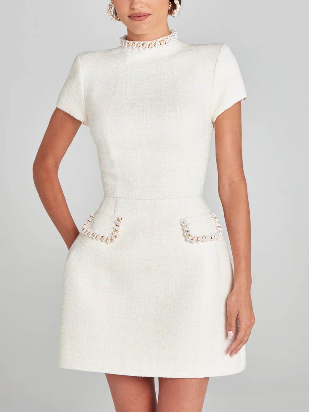 GirlyChic Pearl Trim Pocket Mini Dress - Elegant Playful Style