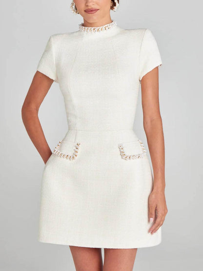 GirlyChic Pearl Trim Pocket Mini Dress - Elegant Playful Style