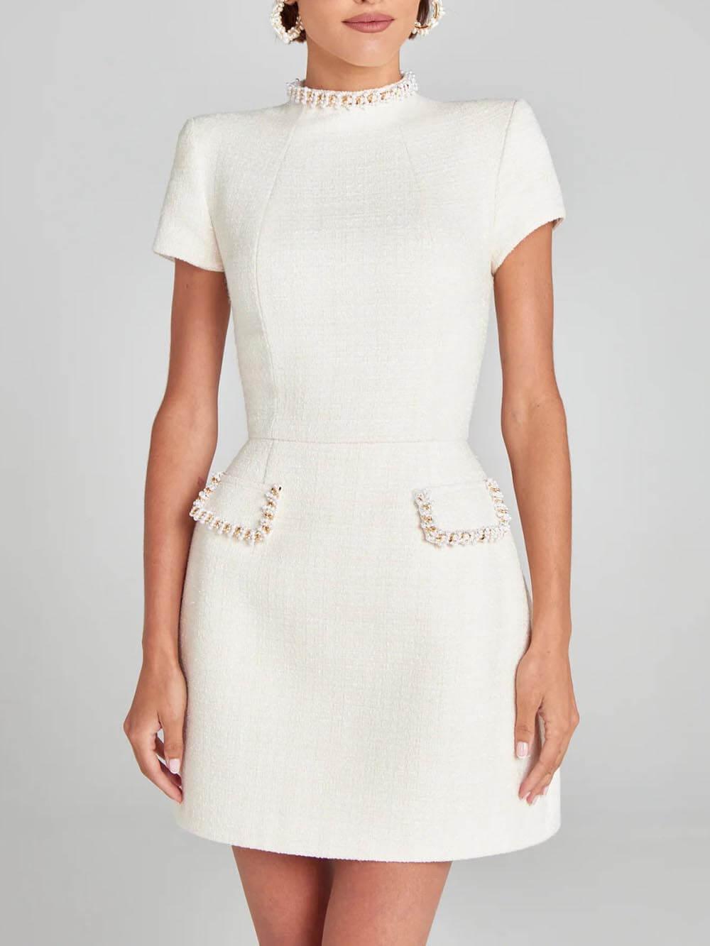 GirlyChic Pearl Trim Pocket Mini Dress - Elegant Playful Style