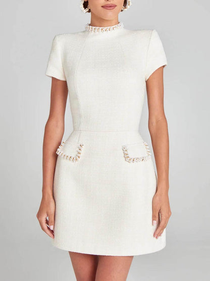 GirlyChic Pearl Trim Pocket Mini Dress - Elegant Playful Style