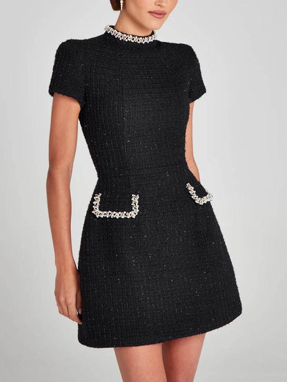 GirlyChic Pearl Trim Pocket Mini Dress - Elegant Playful Style