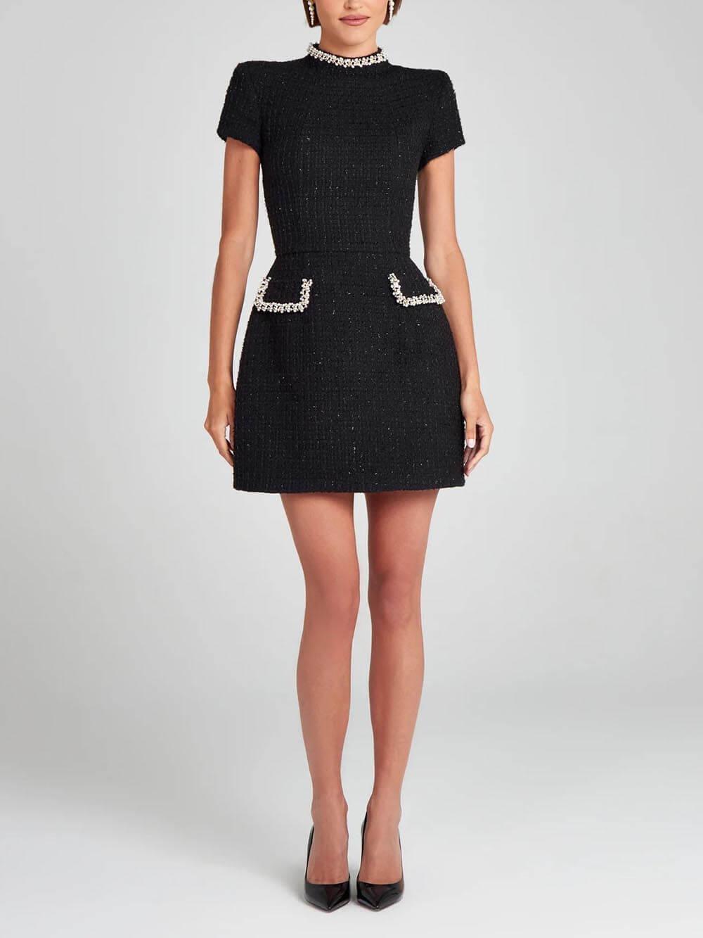 GirlyChic Pearl Trim Pocket Mini Dress - Elegant Playful Style