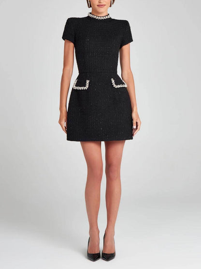 GirlyChic Pearl Trim Pocket Mini Dress - Elegant Playful Style