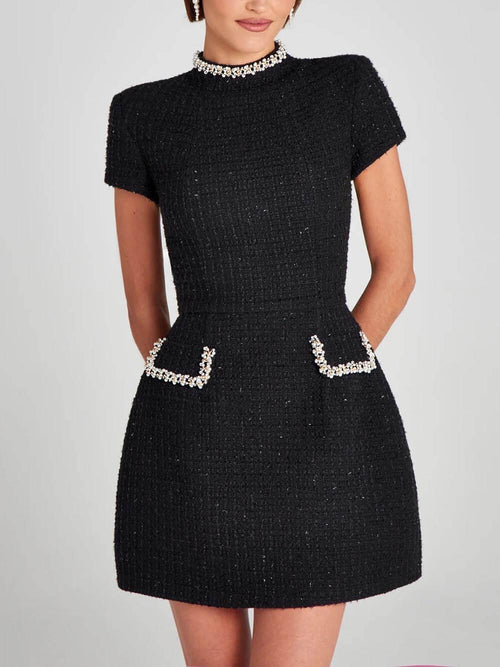 GirlyChic Pearl Trim Pocket Mini Dress - Elegant Playful Style
