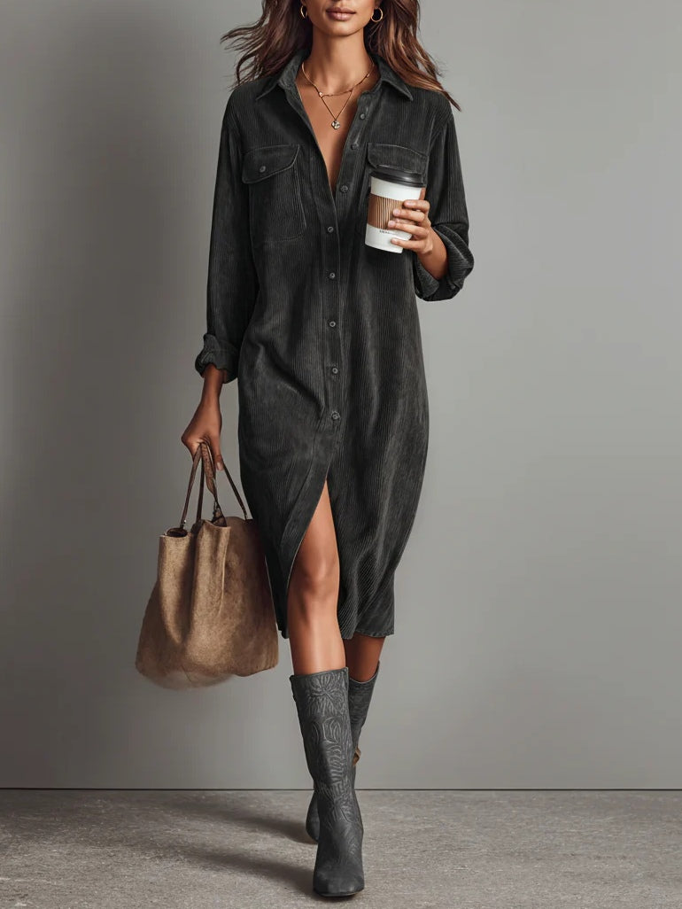 GirlyChic Gray Corduroy Midi Dress - Loose Single-Breasted Fit