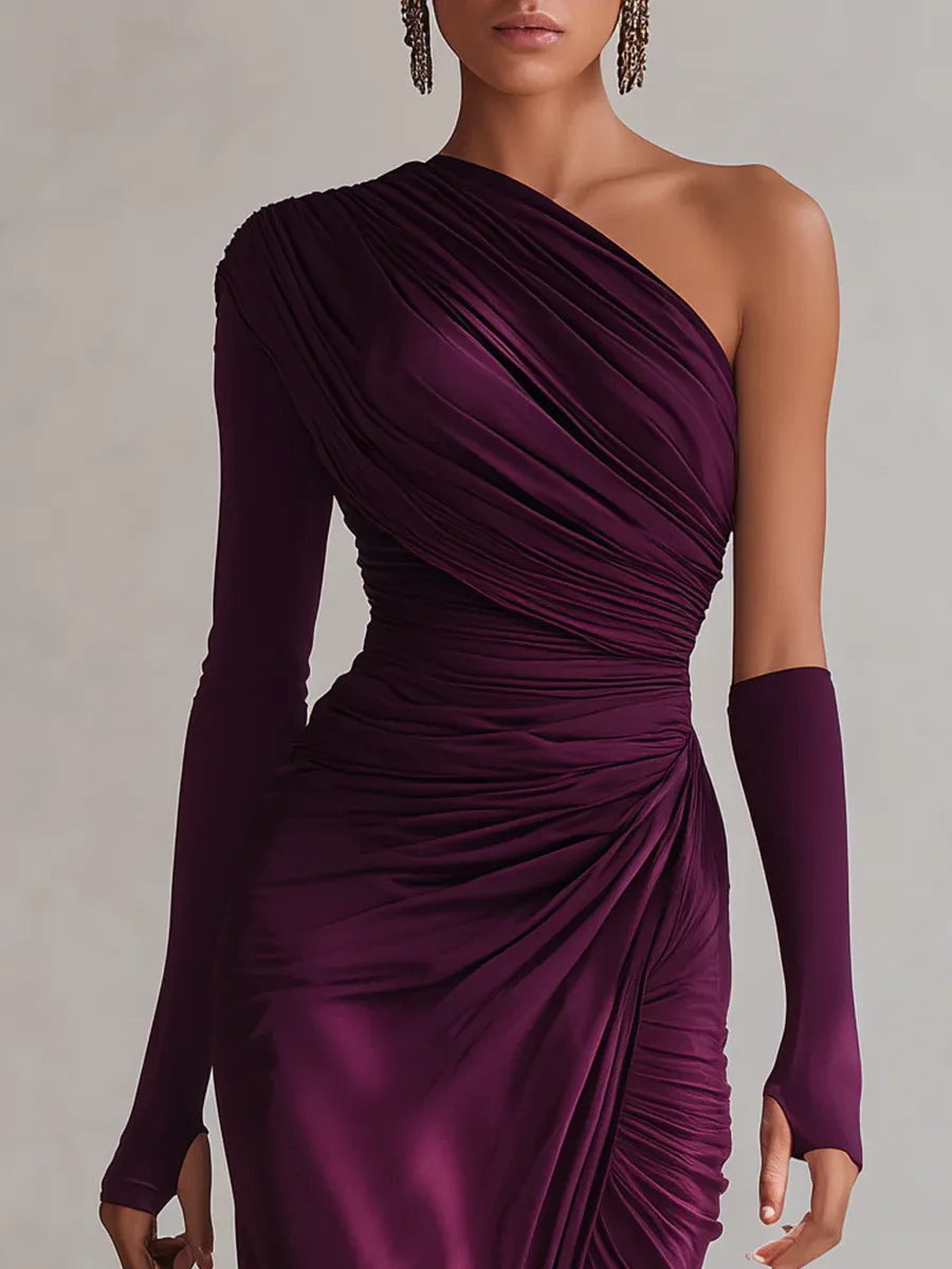 GirlyChic Purple One-Shoulder Maxi Dress - Ruched Satin Fit