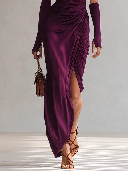 GirlyChic Purple One-Shoulder Maxi Dress - Ruched Satin Fit