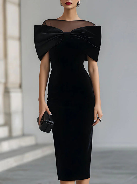 GirlyChic Black Velvet Midi Dress - Oversized Bow & Sheer Neck