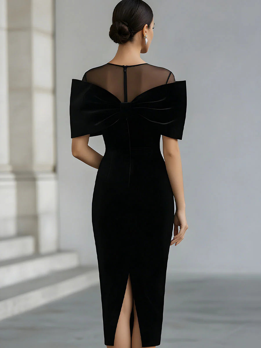 GirlyChic Black Velvet Midi Dress - Oversized Bow & Sheer Neck