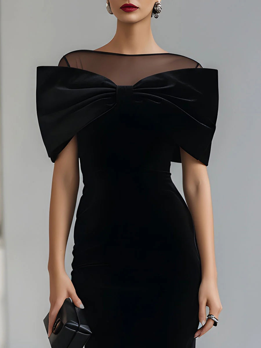 GirlyChic Black Velvet Midi Dress - Oversized Bow & Sheer Neck