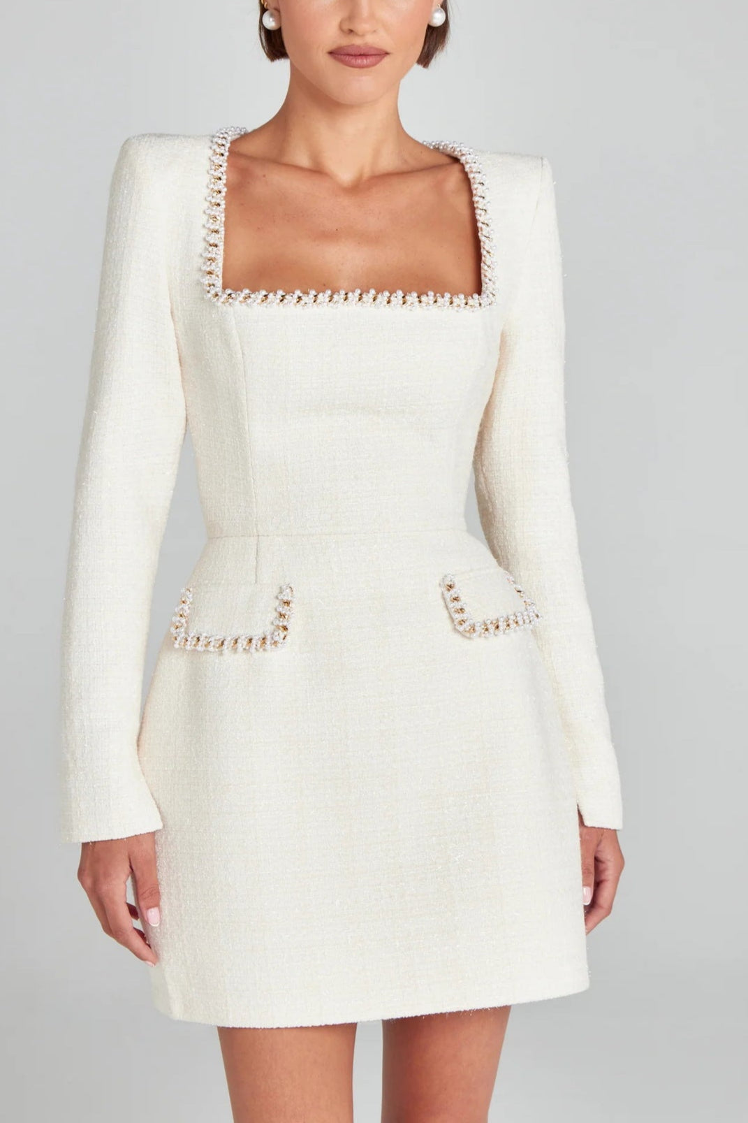 GirlyChic Pearl Trim Pocket Mini Dress - Elegant Playful Style