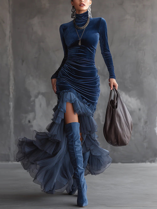 GirlyChic Dark Blue Velvet Maxi Dress - Ruffled & Pleated Fit