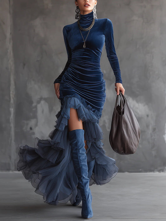 GirlyChic Dark Blue Velvet Maxi Dress - Ruffled & Pleated Fit