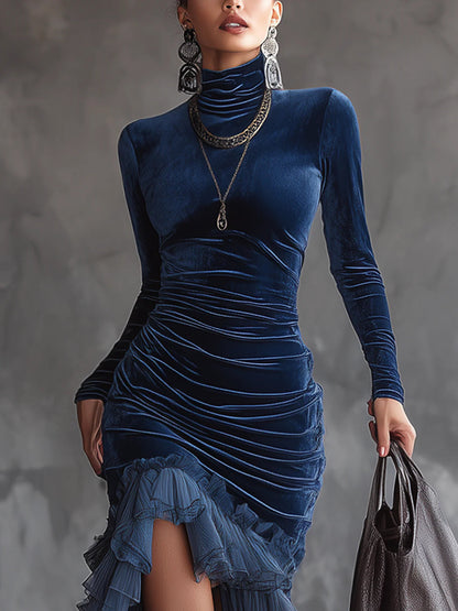 GirlyChic Dark Blue Velvet Maxi Dress - Ruffled & Pleated Fit