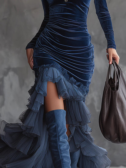 GirlyChic Dark Blue Velvet Maxi Dress - Ruffled & Pleated Fit