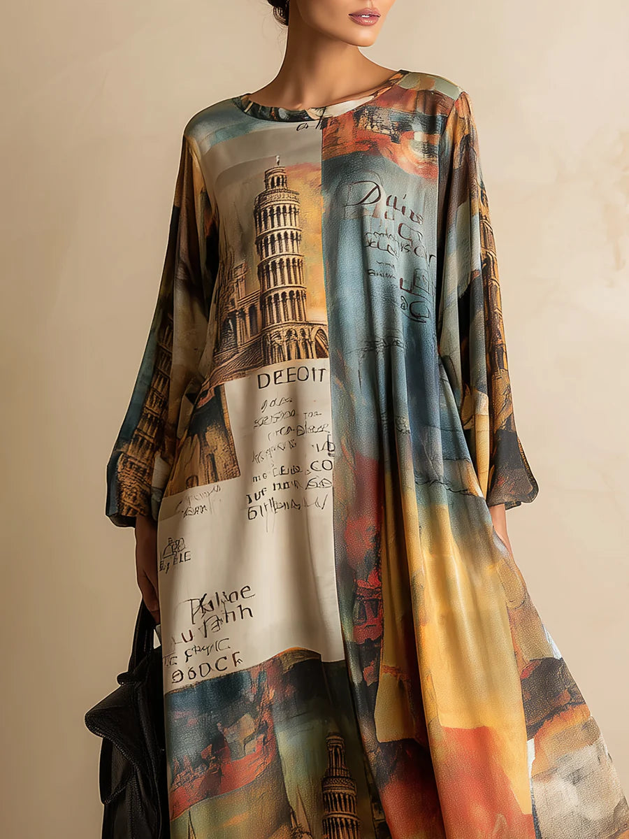 GirlyChic Loose Printed Maxi Dress - Urban-Style Tower Artwork Fit