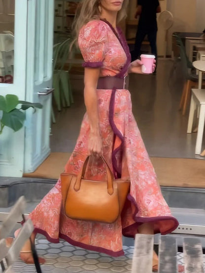 GirlyChic Pink Floral Maxi Dress - Short Sleeve & Ruffle Trim