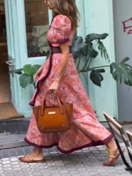 GirlyChic Pink Floral Maxi Dress - Short Sleeve & Ruffle Trim