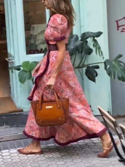 GirlyChic Pink Floral Maxi Dress - Short Sleeve & Ruffle Trim