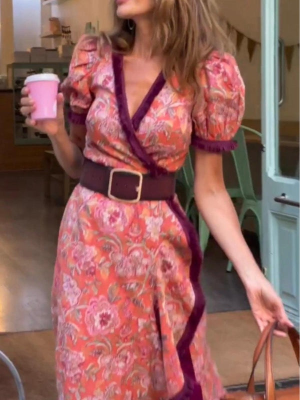 GirlyChic Pink Floral Maxi Dress - Short Sleeve & Ruffle Trim