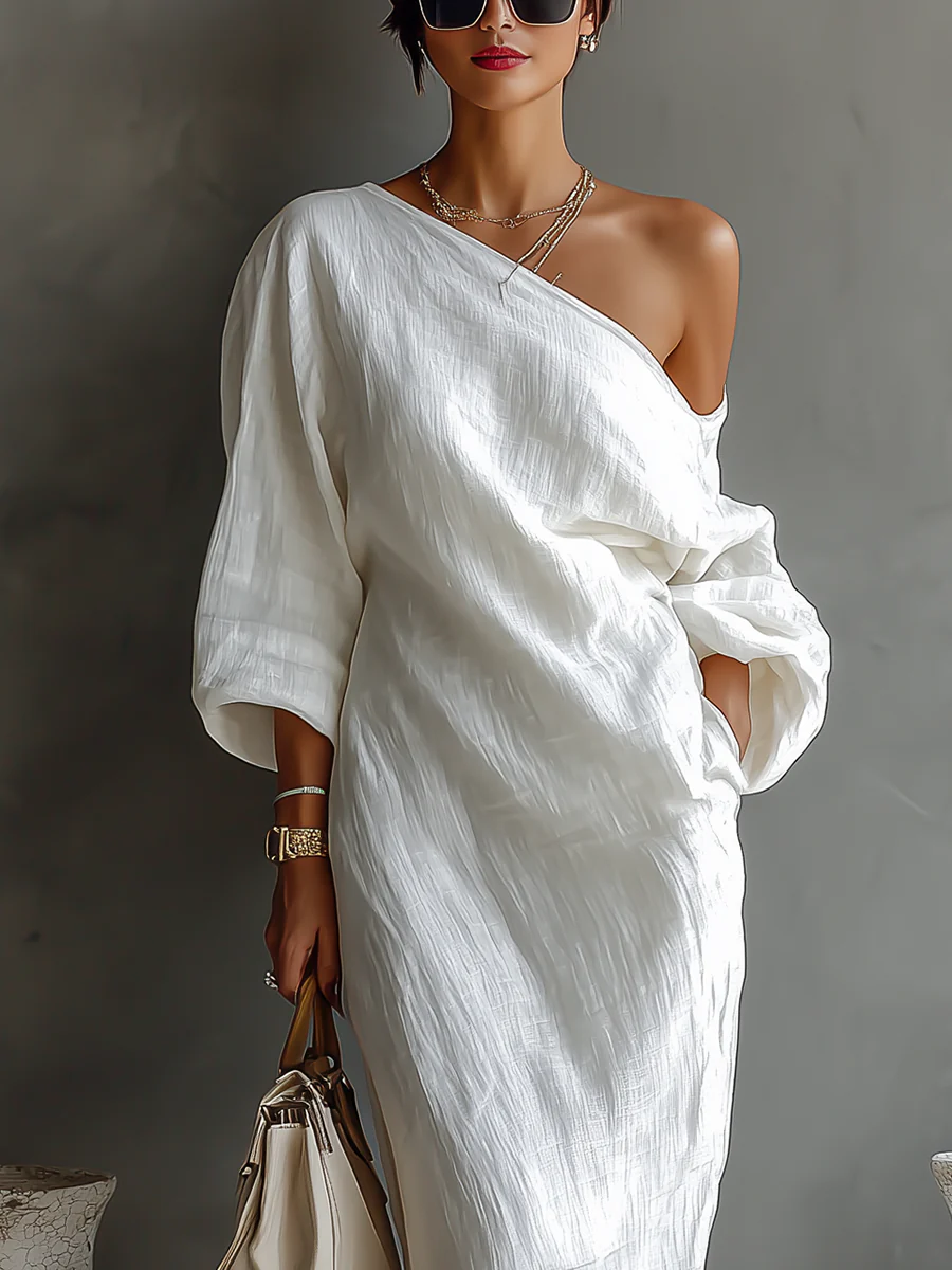GirlyChic White One-Shoulder Maxi Dress - Flowing Textured Fit
