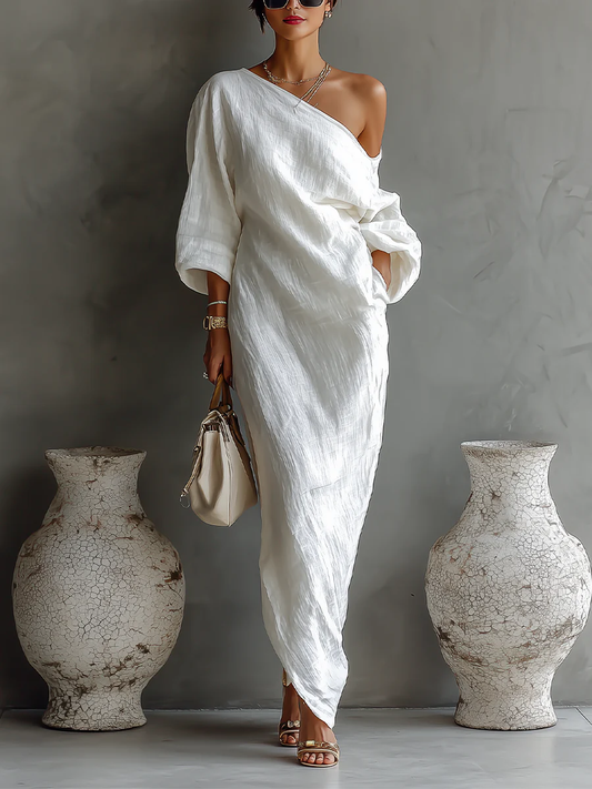 GirlyChic White One-Shoulder Maxi Dress - Flowing Textured Fit
