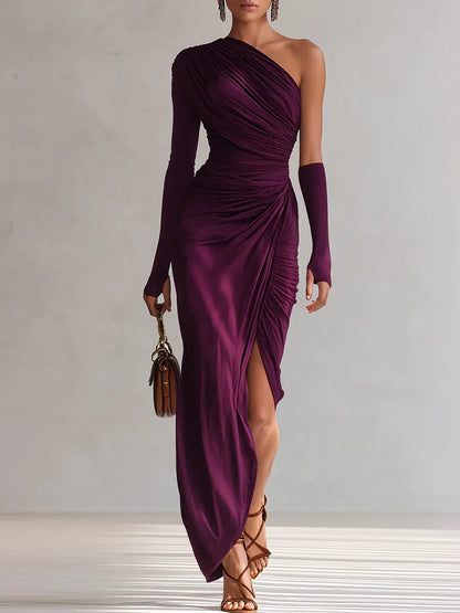 GirlyChic Purple One-Shoulder Maxi Dress - Ruched Satin Fit